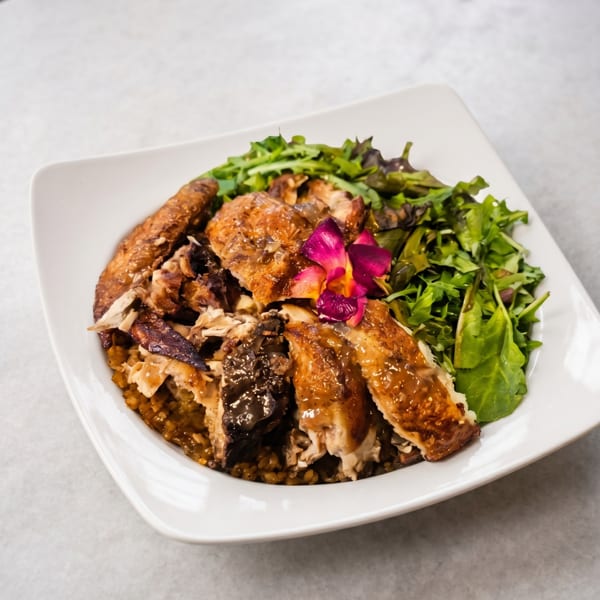 A white square plate holds roasted chicken, rice, mixed greens, and a purple orchid garnish.
