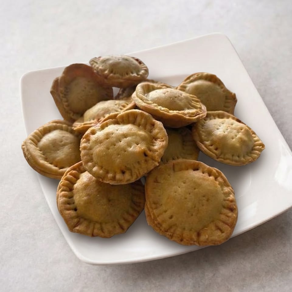 A white square plate filled with a pile of golden-brown, crimped mini empanadas on a light surface.