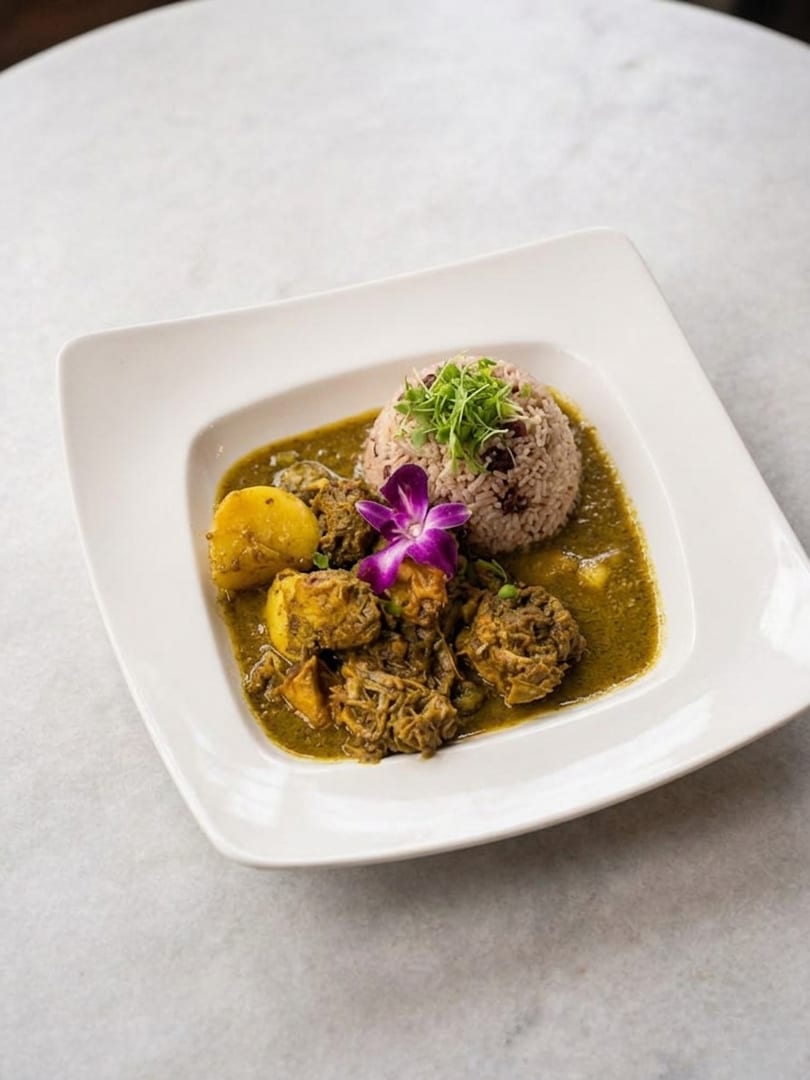 Curried goat and potatoes with rice and peas, garnished with microgreens and an orchid.